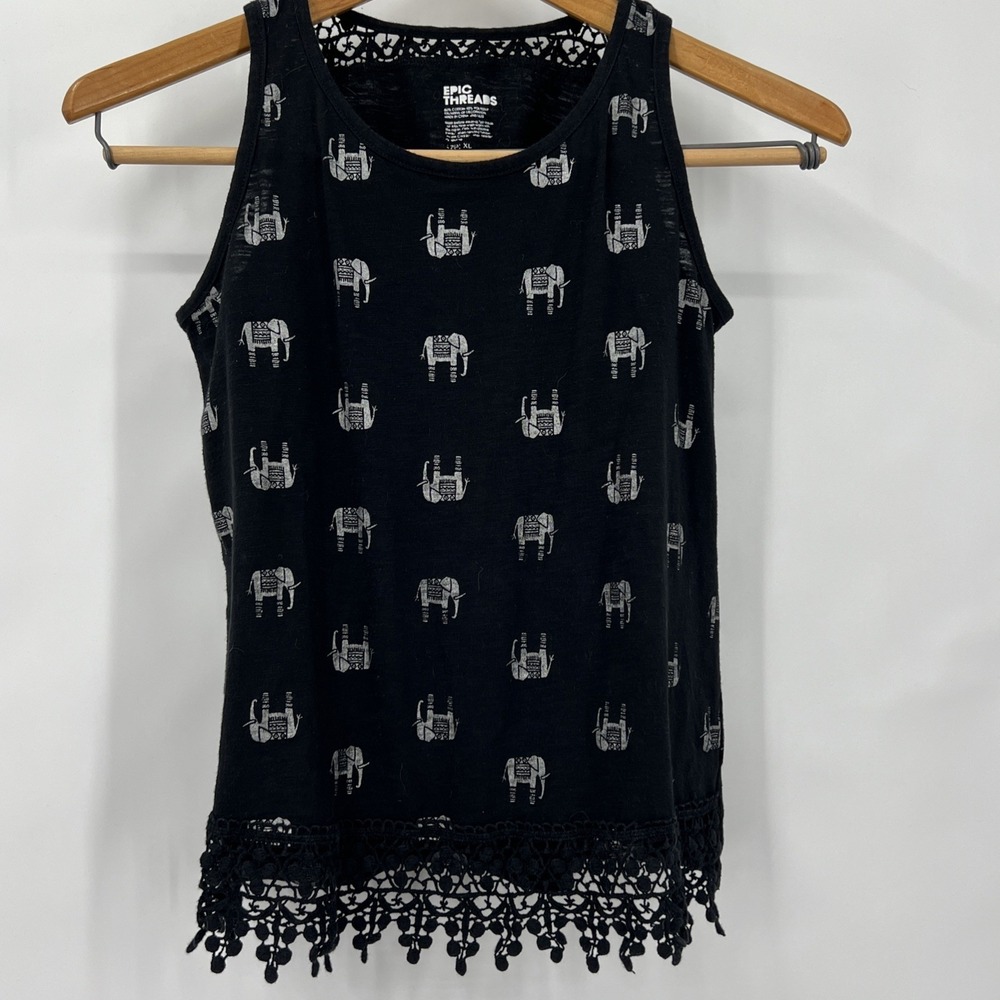 Epic Threads Girls XL Graphic‎ Print Tank Top Black Crochet Lace Elephants Boho